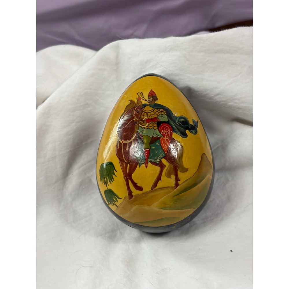 Russian Hand Painted Wooden Egg Lacquer Folk Art Knight Horseback 4.5 Inch